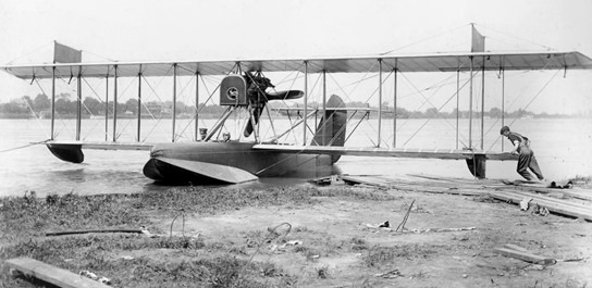 Curtiss HS1 (1917)—HS1L (1918) had a larger (Liberty) motor and radiator, and a different propeller. The bombardier’s station, not visible here, is in the nose.  (Wikipedia Commons photo)