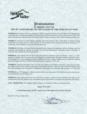 “Nick Mamer Days” Proclamation (Spokane Valley).